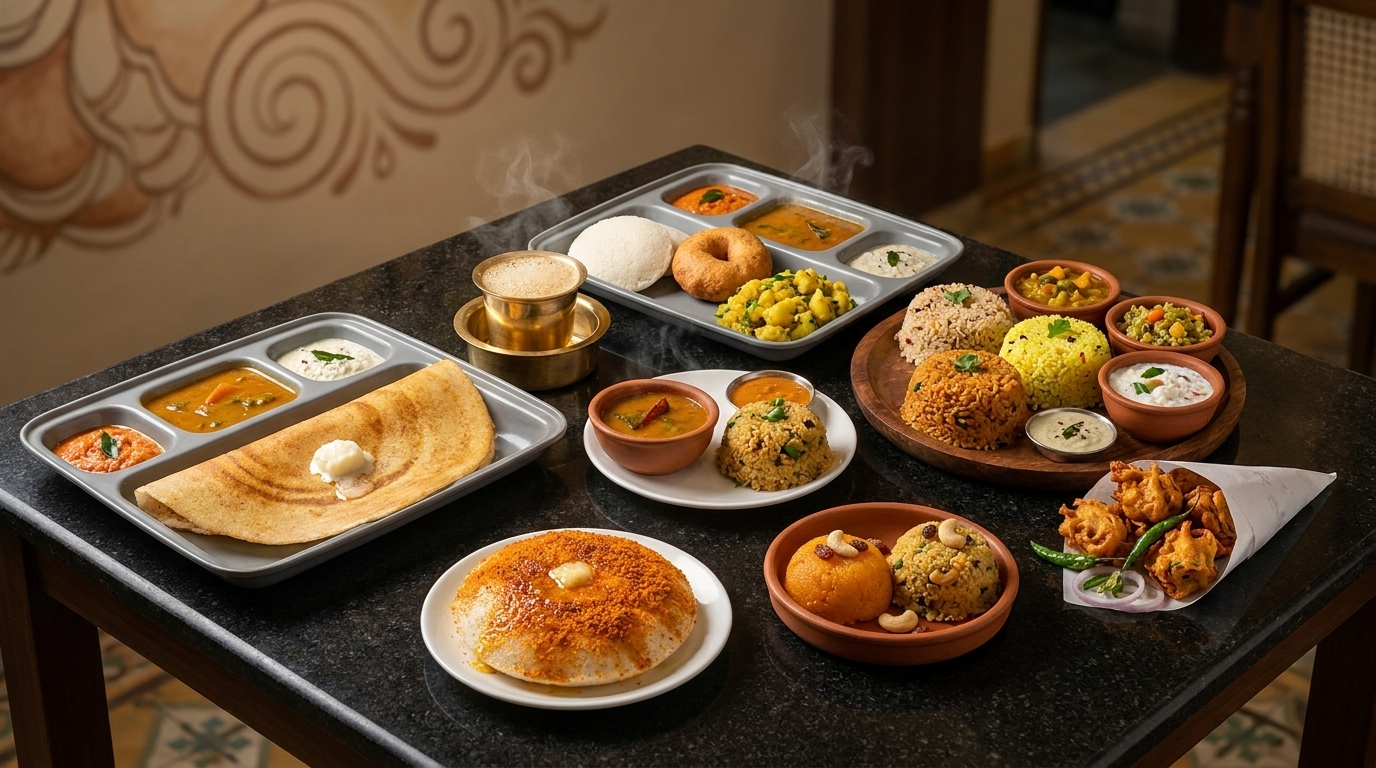 South Indian tiffin and mini meals spread with dosa, idli, vada, flavoured rice, and filter coffee