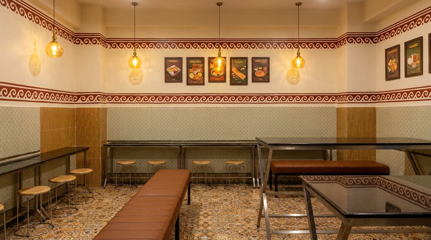Modern Udupi-style dining room with stone tables, warm pendant lights, and traditional wall patterns
