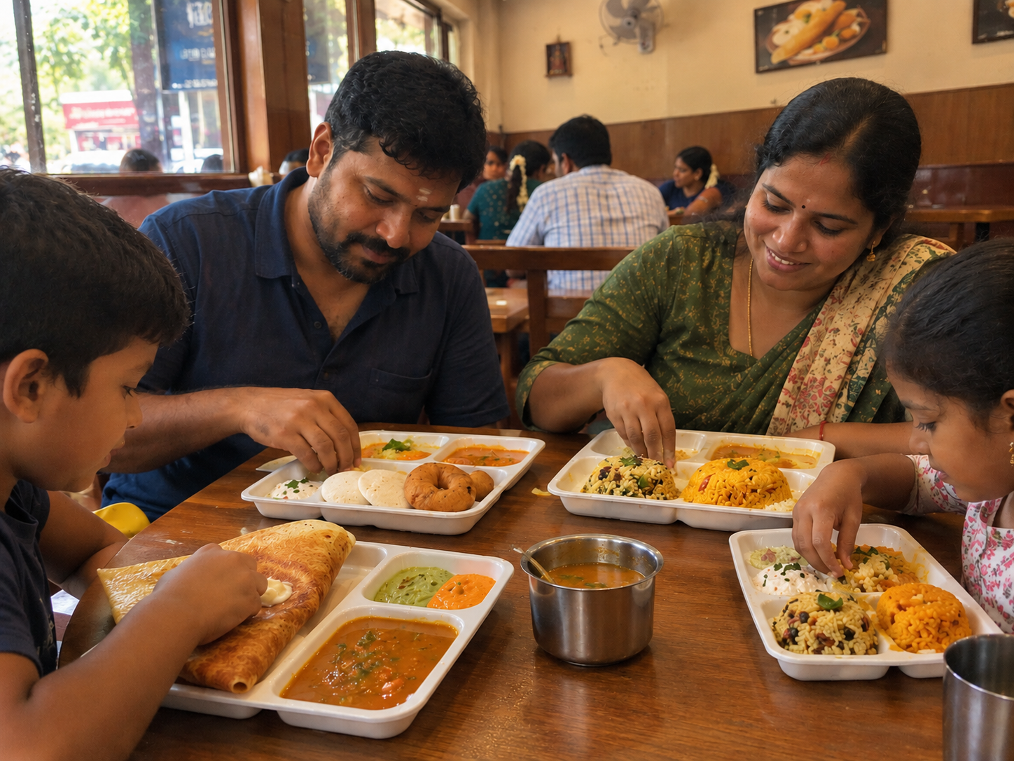 Family enjoying a South Indian meal together at Sambhar Veg Restaurant