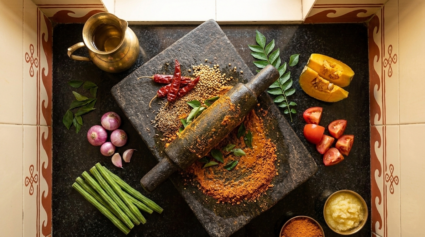 Fresh spices ground on stone with drumsticks, pumpkin, tomatoes, and curry leaves