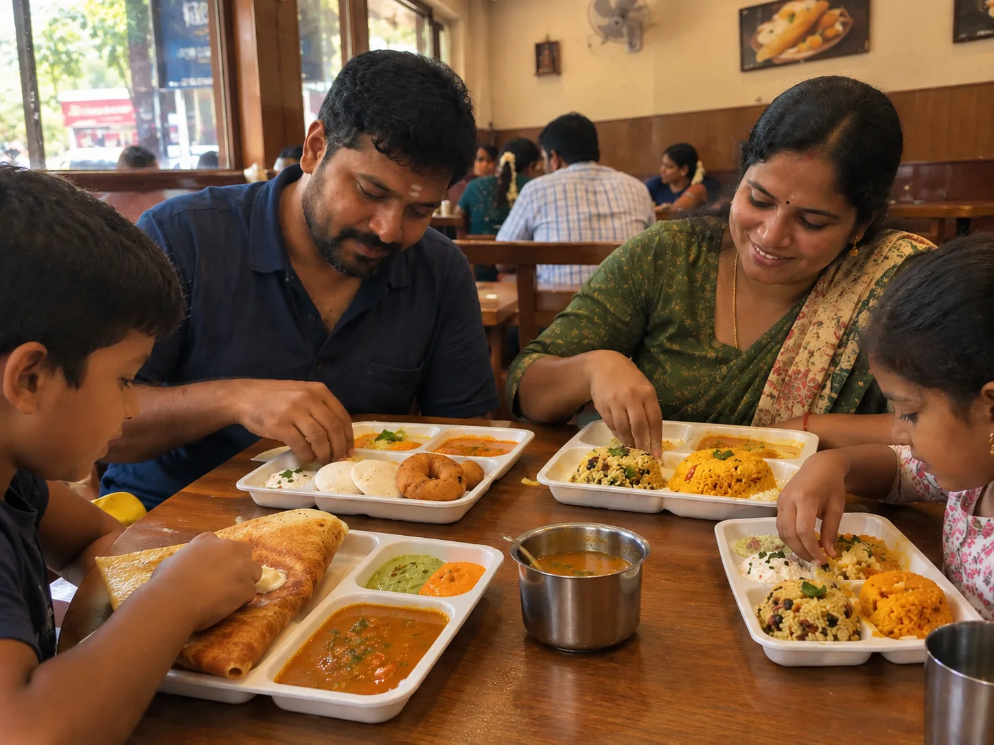 Family enjoying a South Indian meal together at Sambhar Veg Restaurant