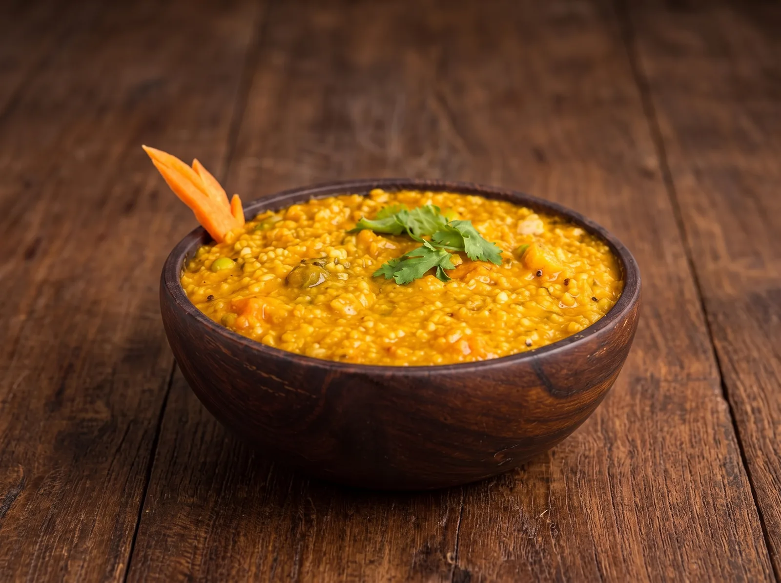 Bowl of Bisibelebath garnished with coriander