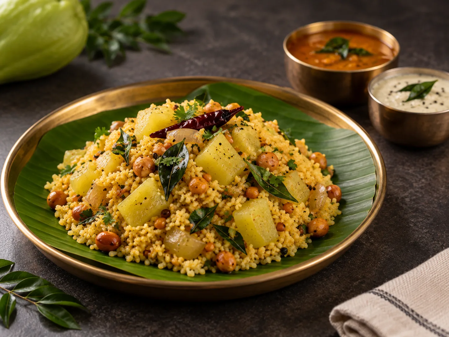Chow Chow Bath served on banana leaf with sambar and coconut chutney