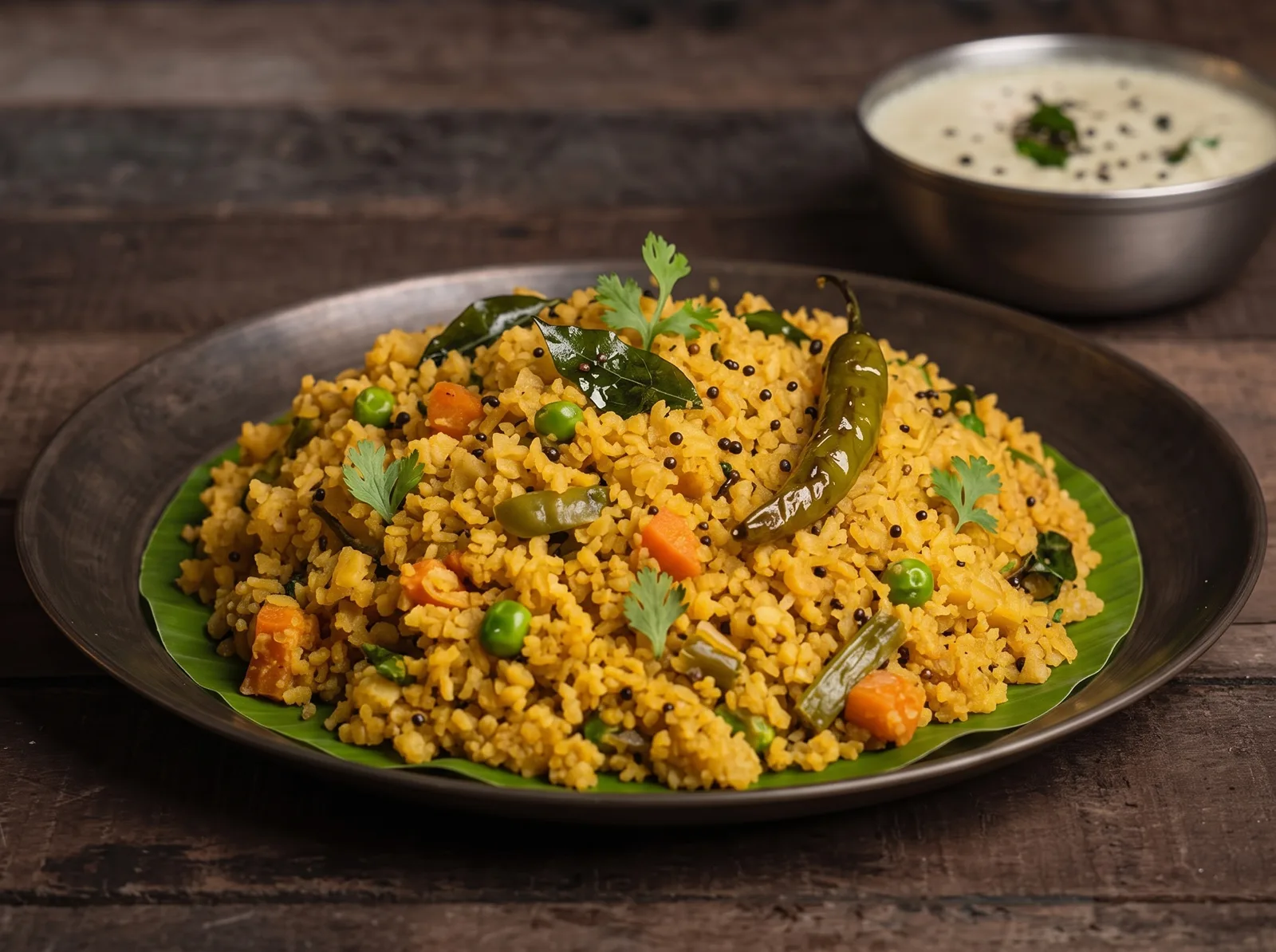 Karabath on banana leaf with coconut chutney
