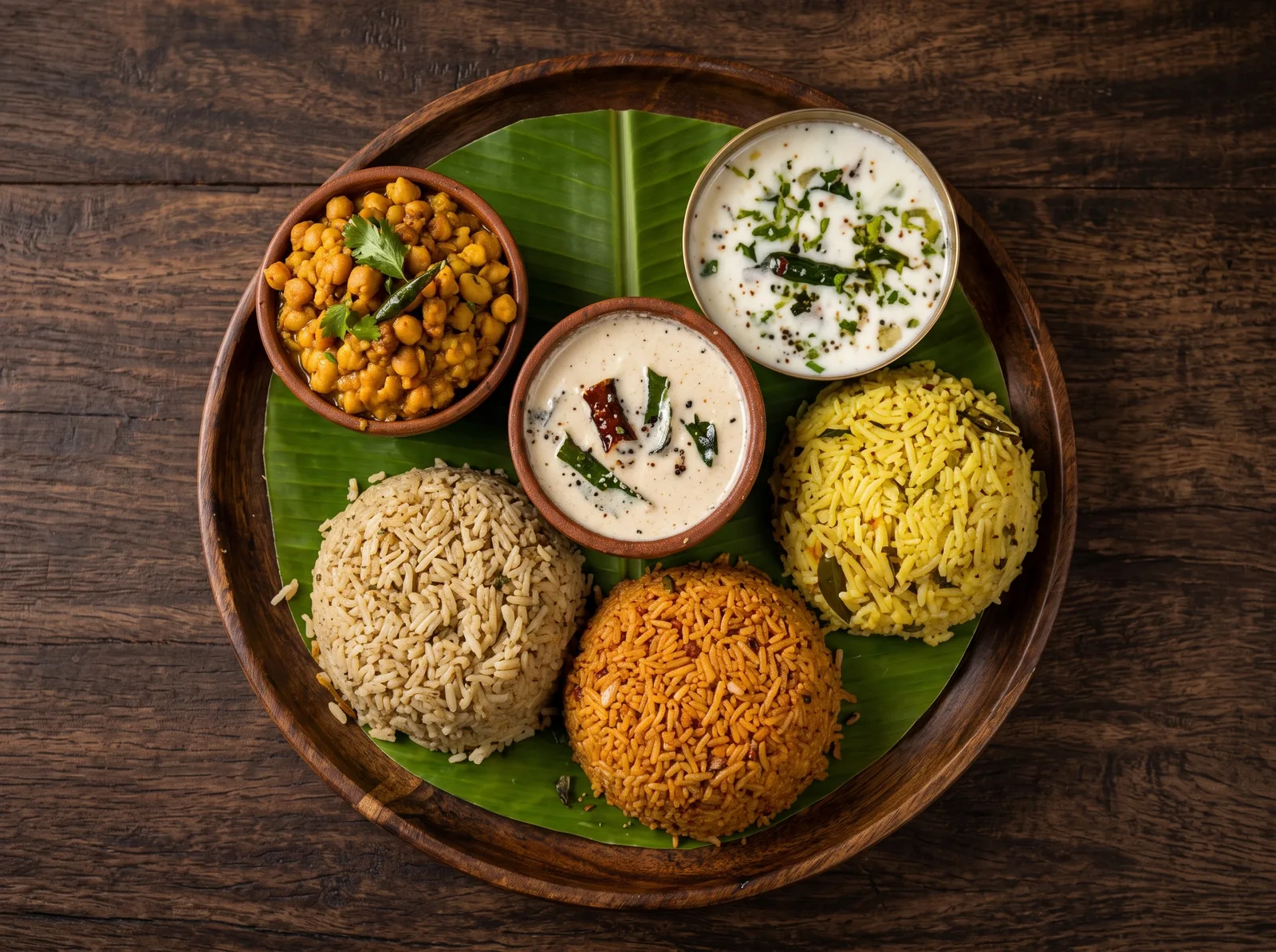 Mini Meals platter with rice varieties, chickpeas, and curd on banana leaf